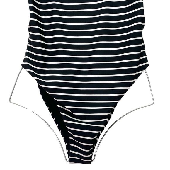 Aerie Super Scoop One Piece Swimsuit Size Large Black White Stripe Hi Cut Cheeky - Picture 9 of 15